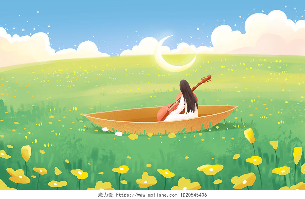 卡通手绘治愈系插画草地小舟上的少女原创插画海报